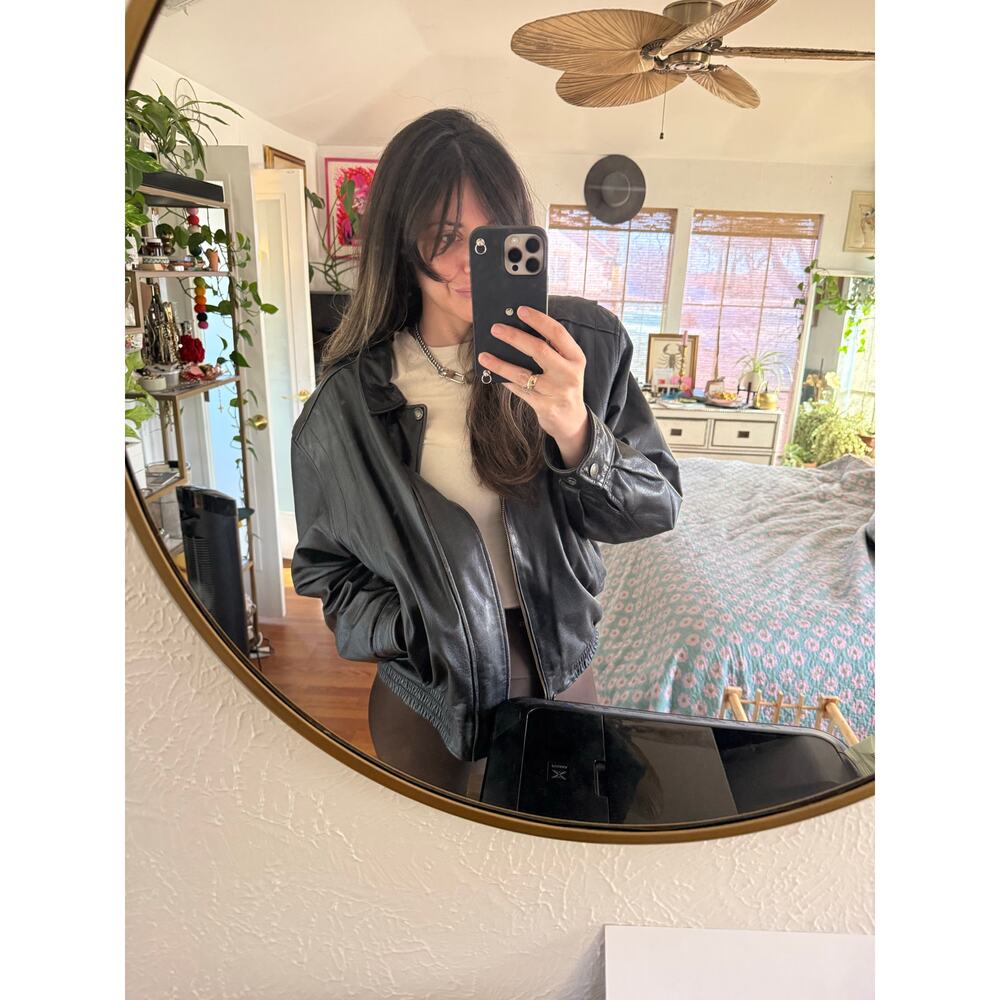 Vintage Black Genuine Leather Jacket Oversized 90s Minimal Beyond California L - Picture 5 of 12